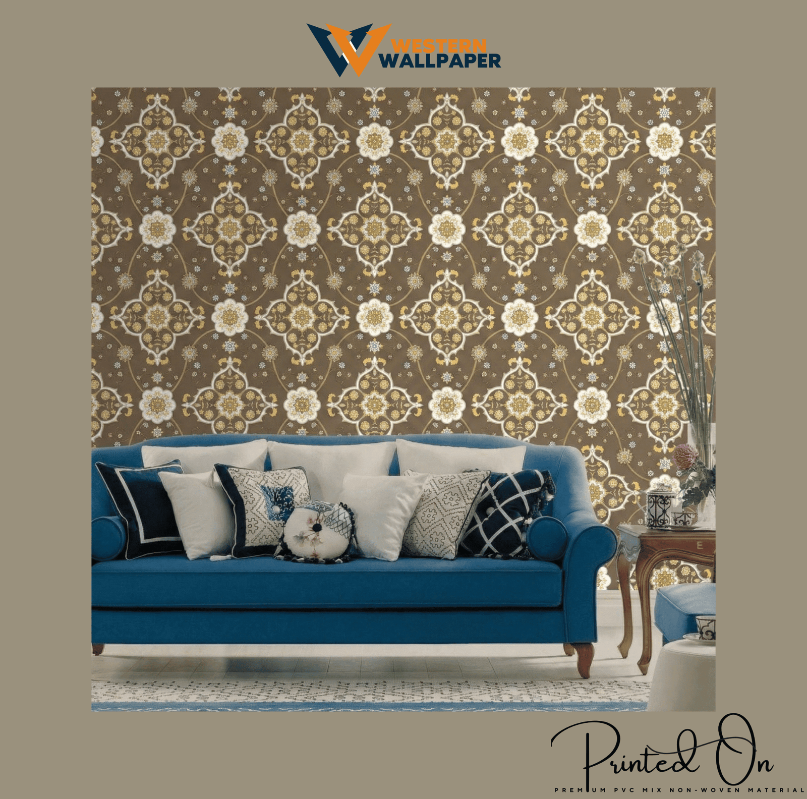 ORNATE GEOMETRIC MEDALLION WALLPAPER IN COCOA AND CHAMPAGNE FOR A SOPHISTICATED CONTEMPORARY LIVING SPACE