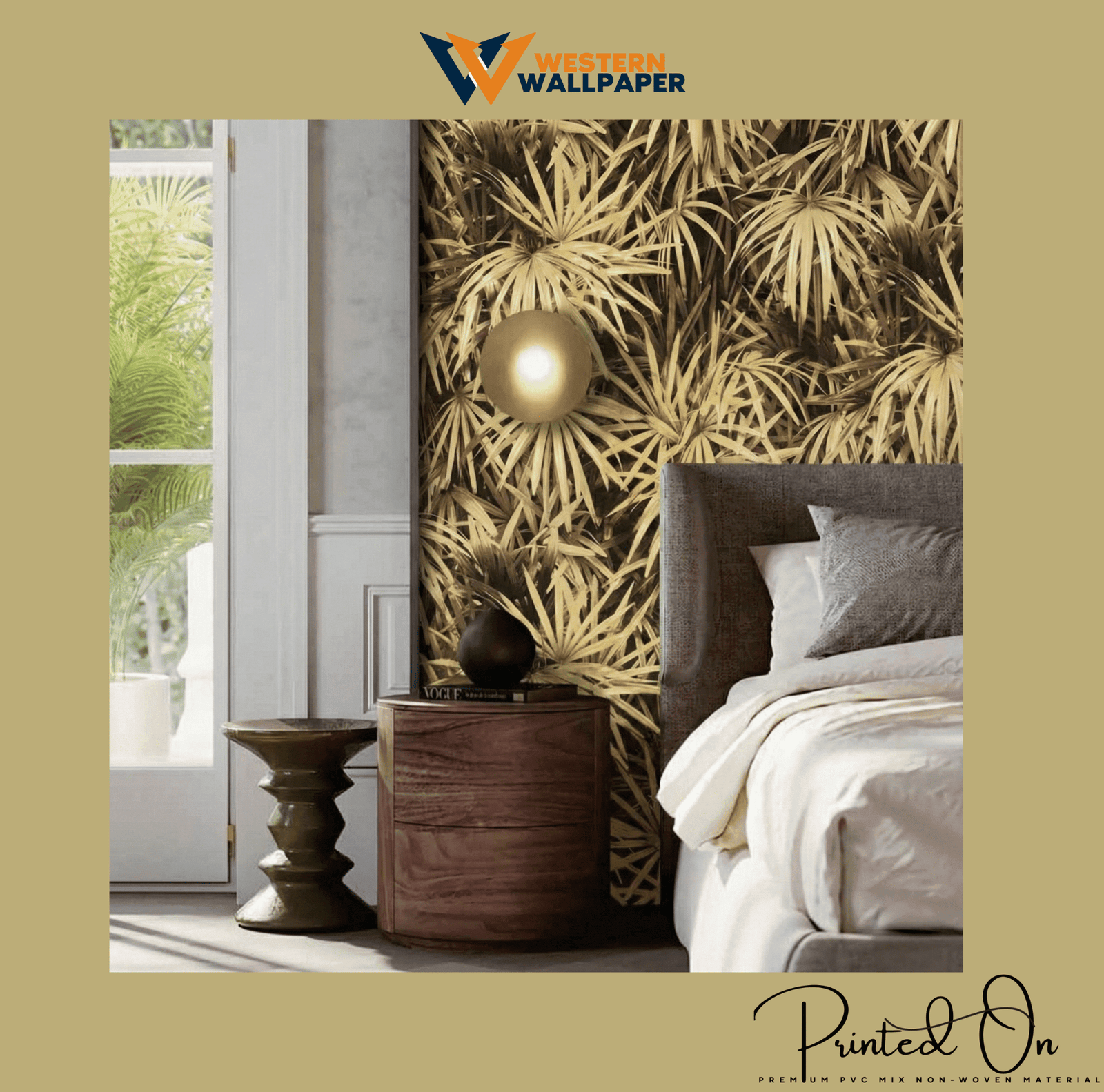 LUSH TROPICAL FAN PALM WALLPAPER IN ANTIQUE GOLD FOR A SOPHISTICATED BIOPHILIC BEDROOM