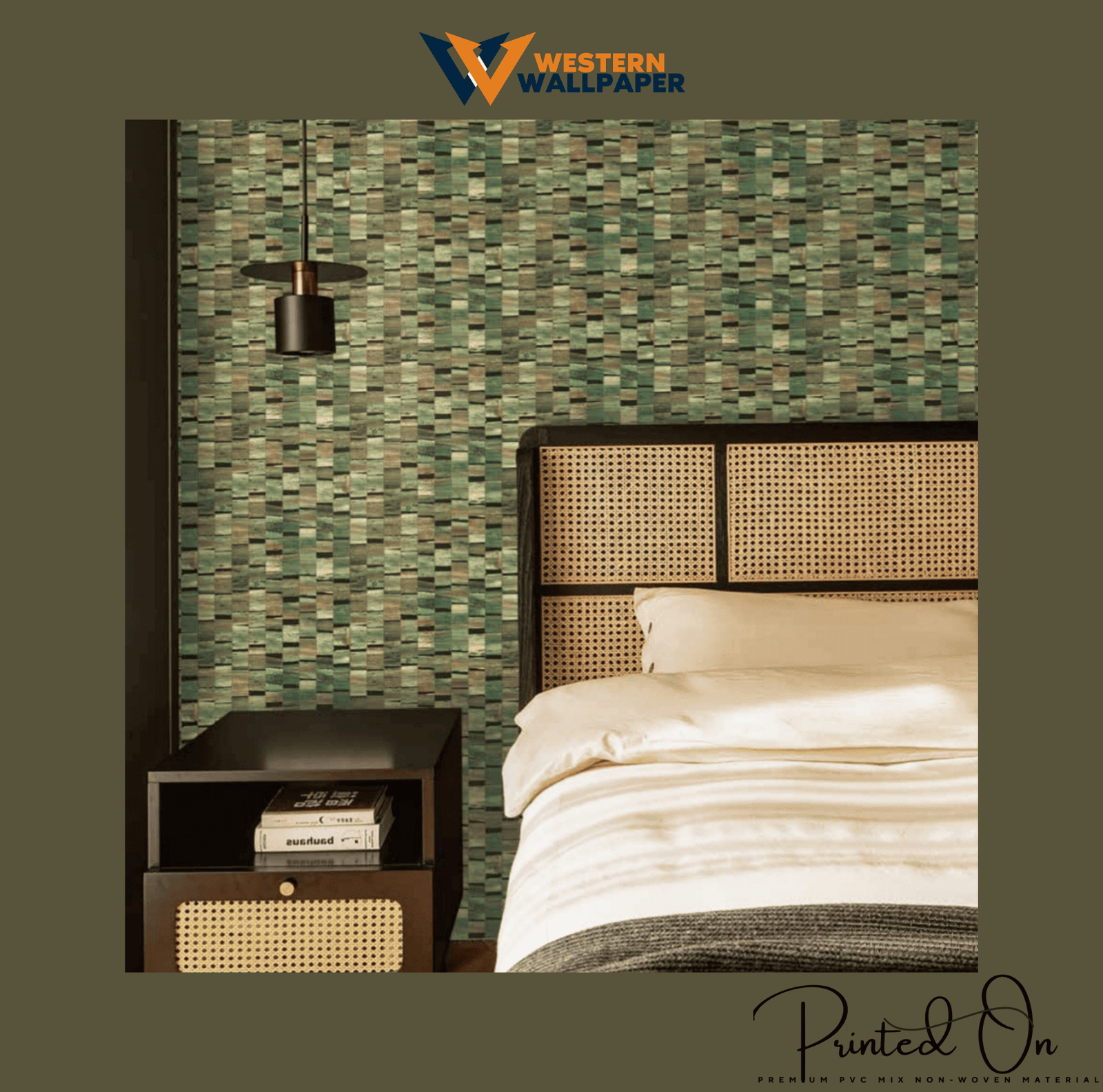 TEXTURED GEOMETRIC MOSAIC WALLPAPER IN EMERALD AND MOSS GREEN