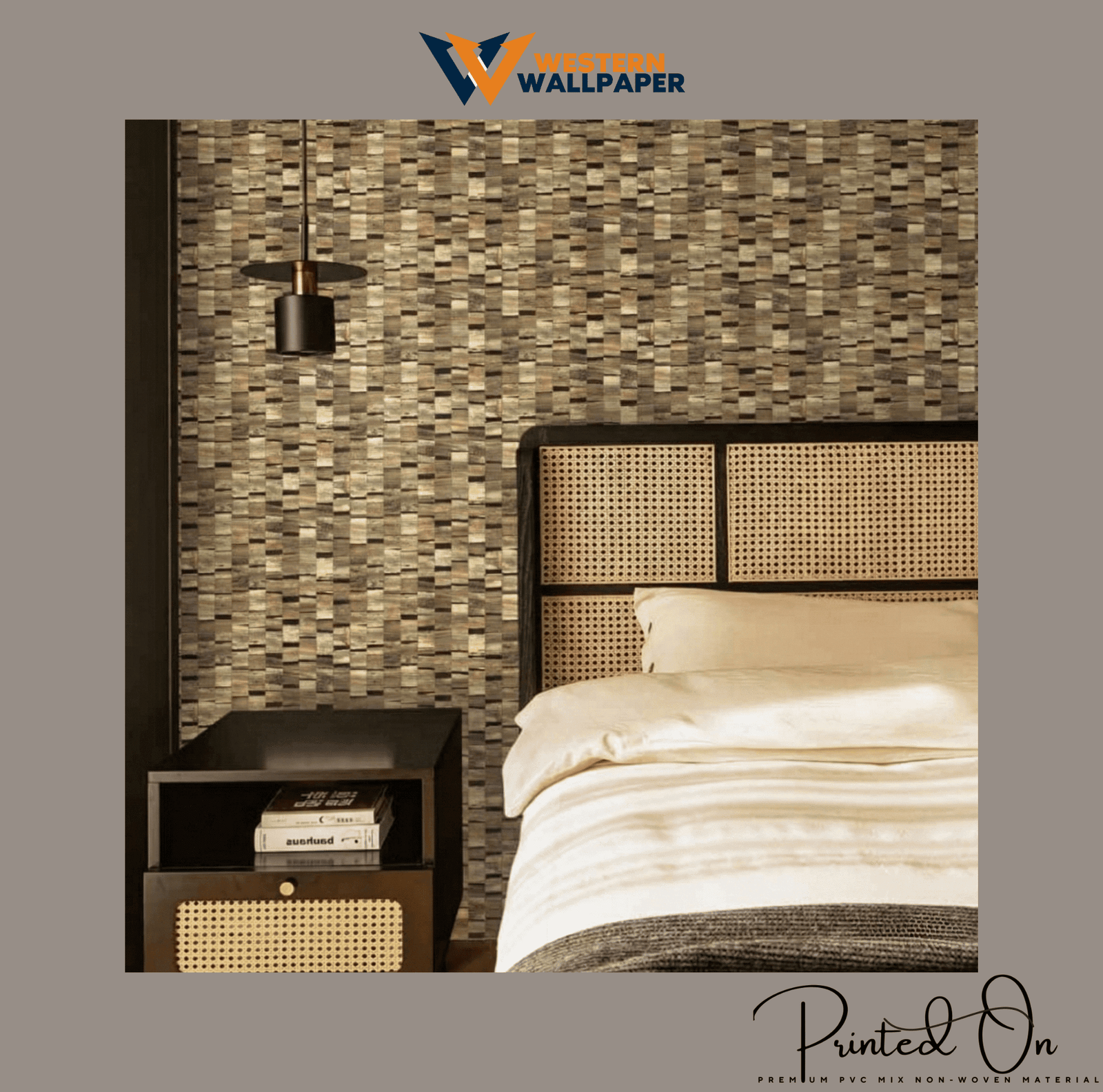 TEXTURED GEOMETRIC MOSAIC WALLPAPER IN MAHOGANY AND GOLD