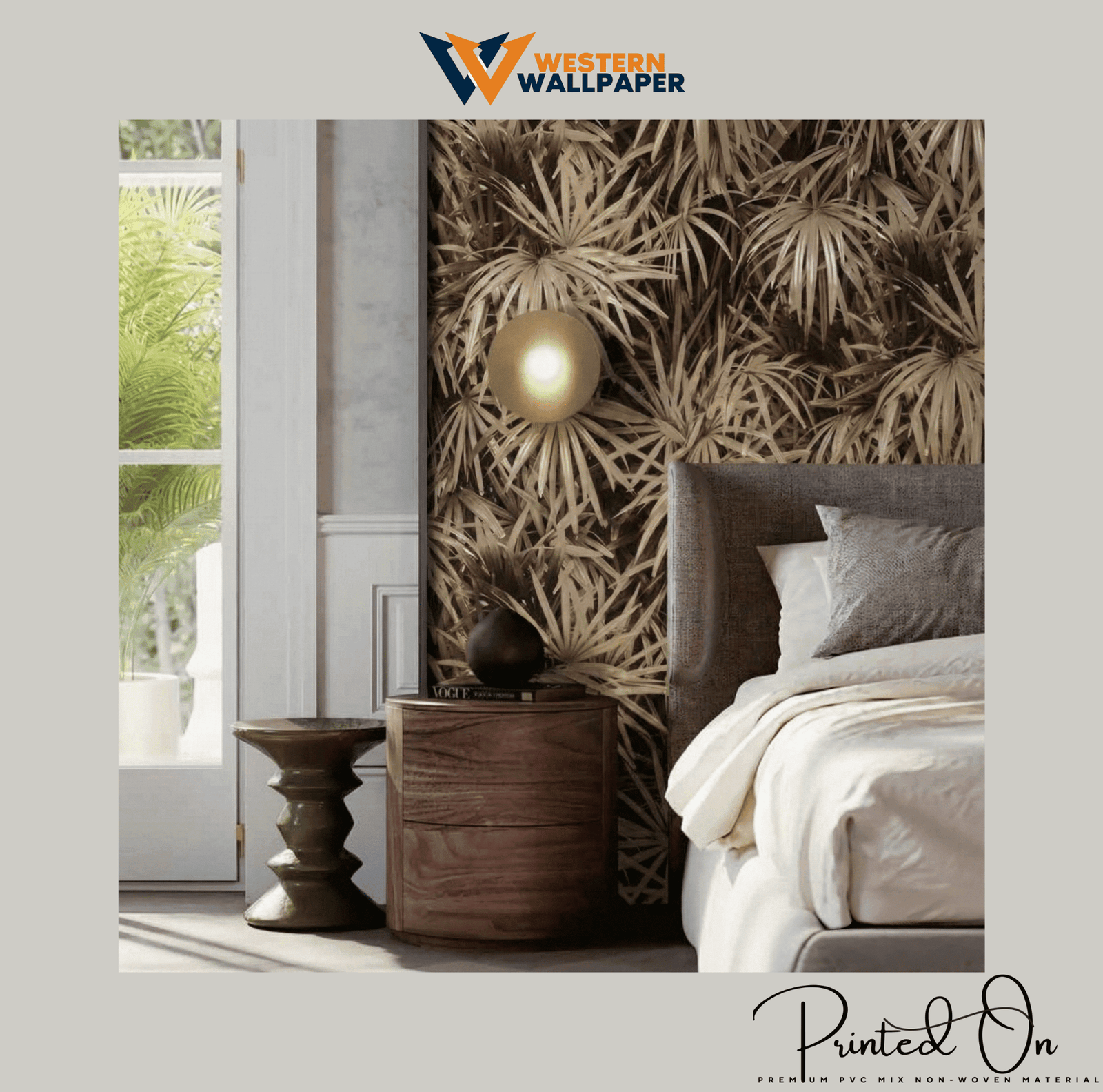 "LUSH TROPICAL FAN PALM WALLPAPER IN ANTIQUE BRONZE FOR A SOPHISTICATED BIOPHILIC BEDROOM "