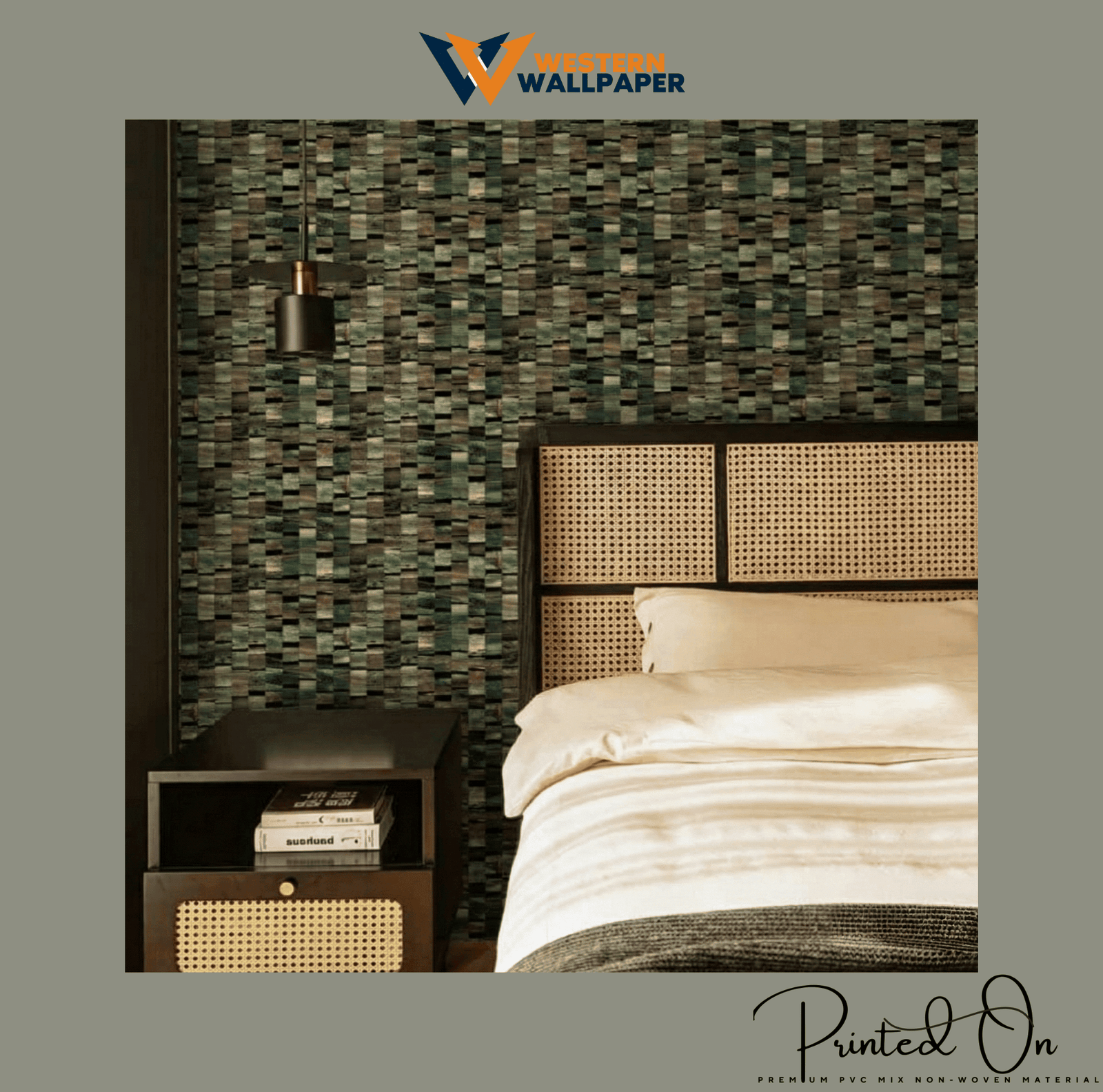 TEXTURED GEOMETRIC MOSAIC WALLPAPER IN PINE AND CHARCOAL
