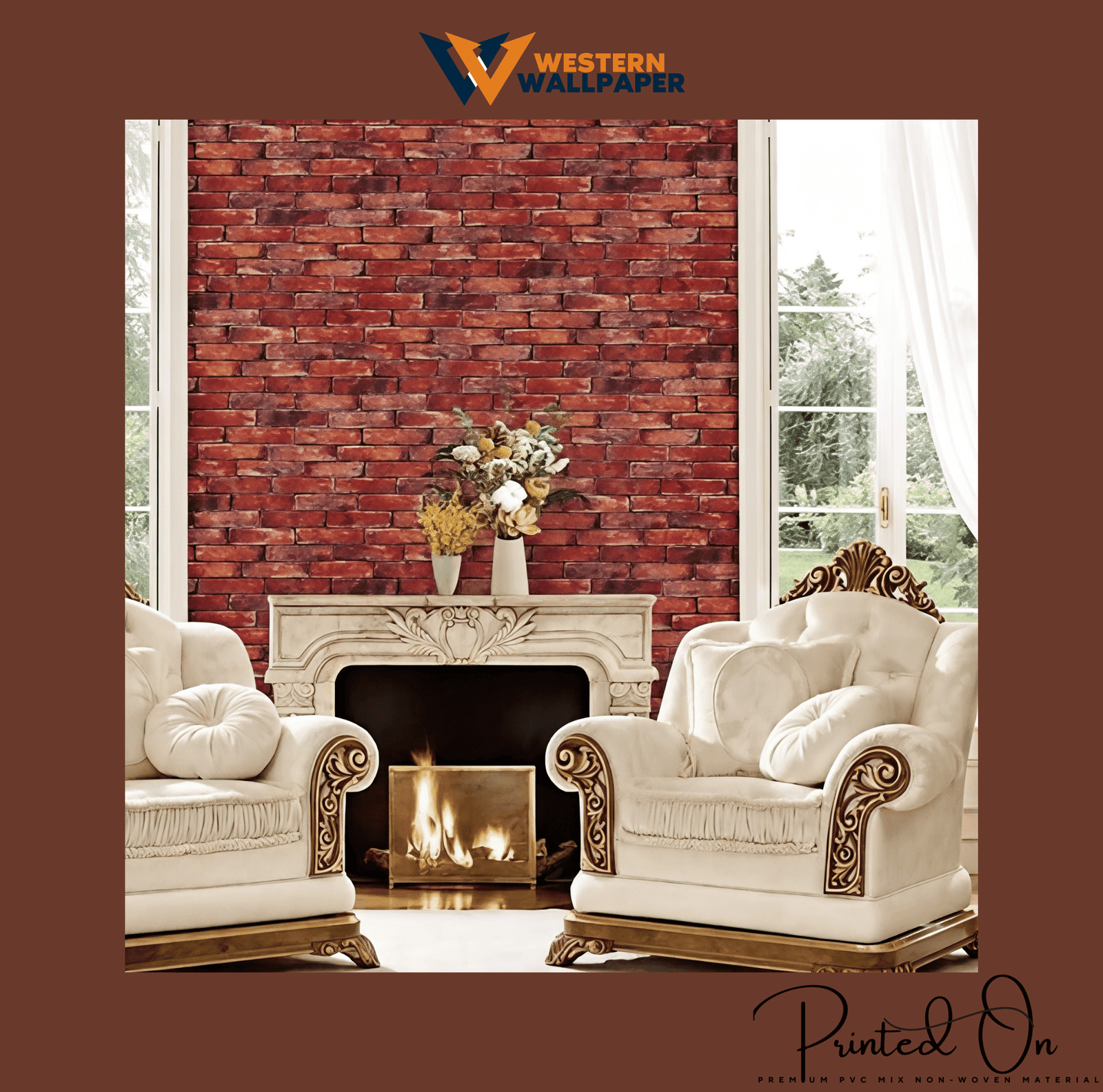 TEXTURED RUSTIC EXPOSED BRICK WALLPAPER IN DEEP CRIMSON AND AMBER