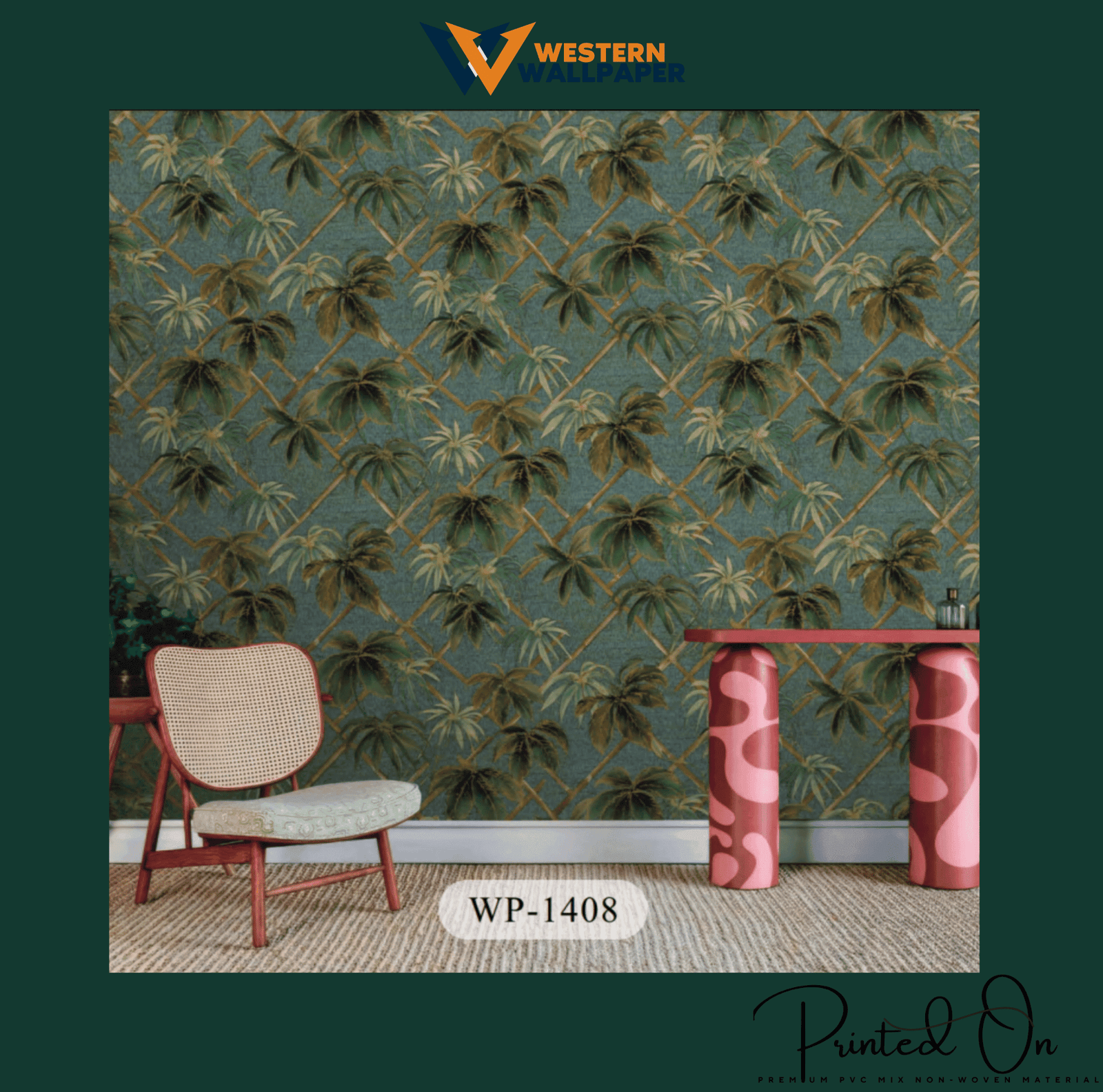 WESTERN TROPICAL TRELLIS WALLPAPER IN JADE AND BRONZE