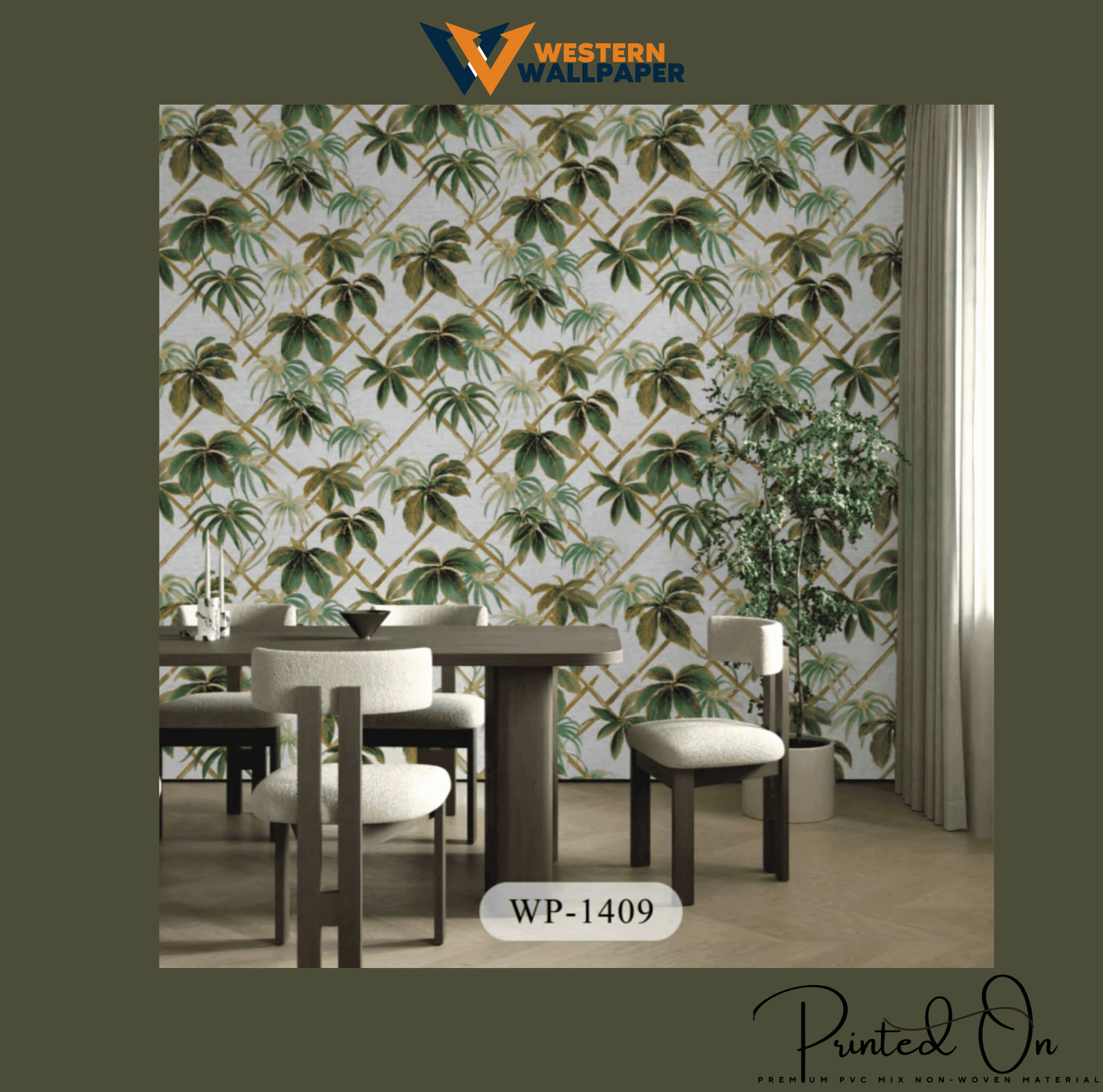 WESTERN TROPICAL TRELLIS WALLPAPER IN ALABASTER WHITE AND EMERALD GREEN