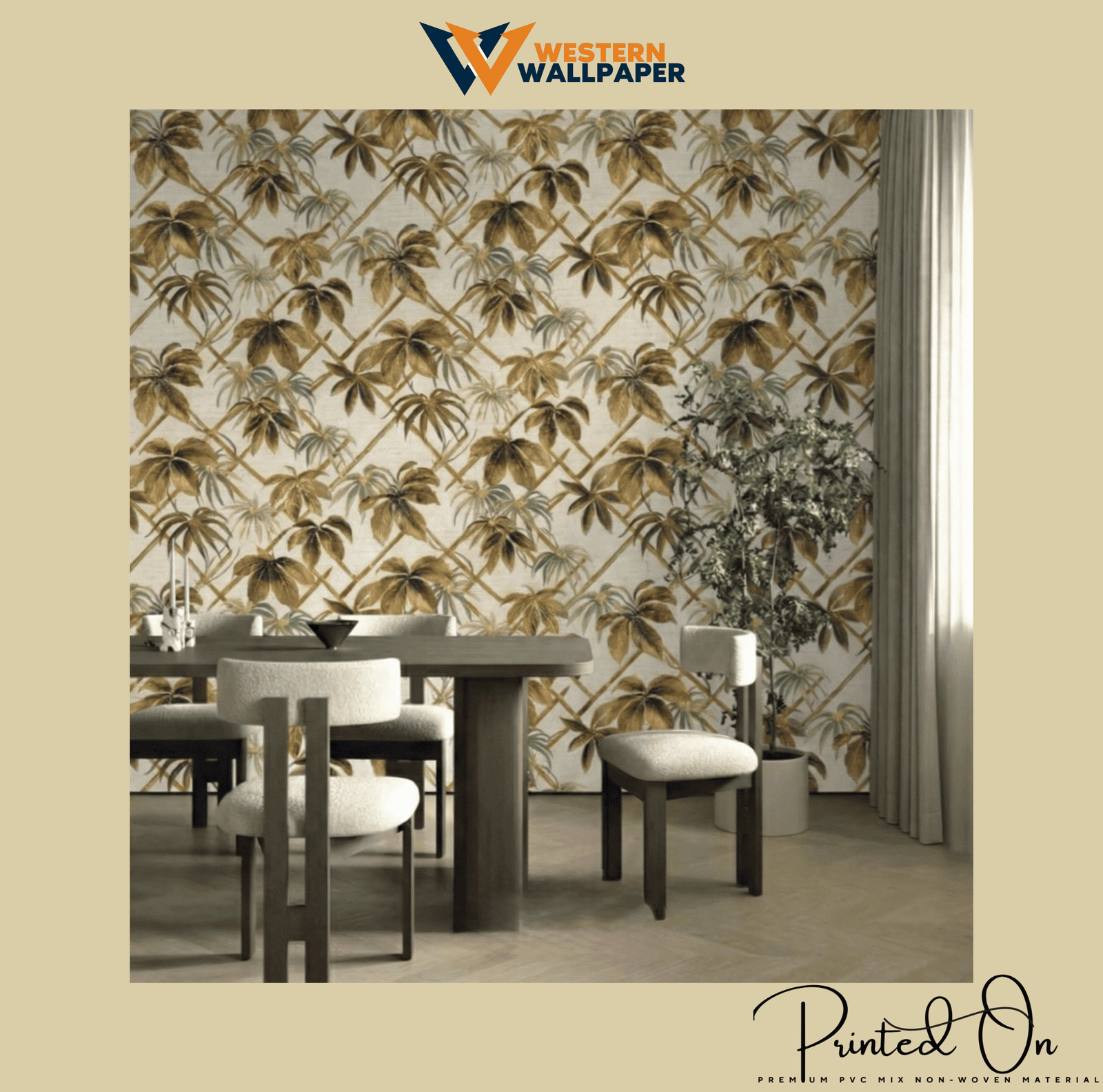WESTERN TROPICAL TRELLIS WALLPAPER IN GOLDEN OCHRE AND ALABASTER WHITE