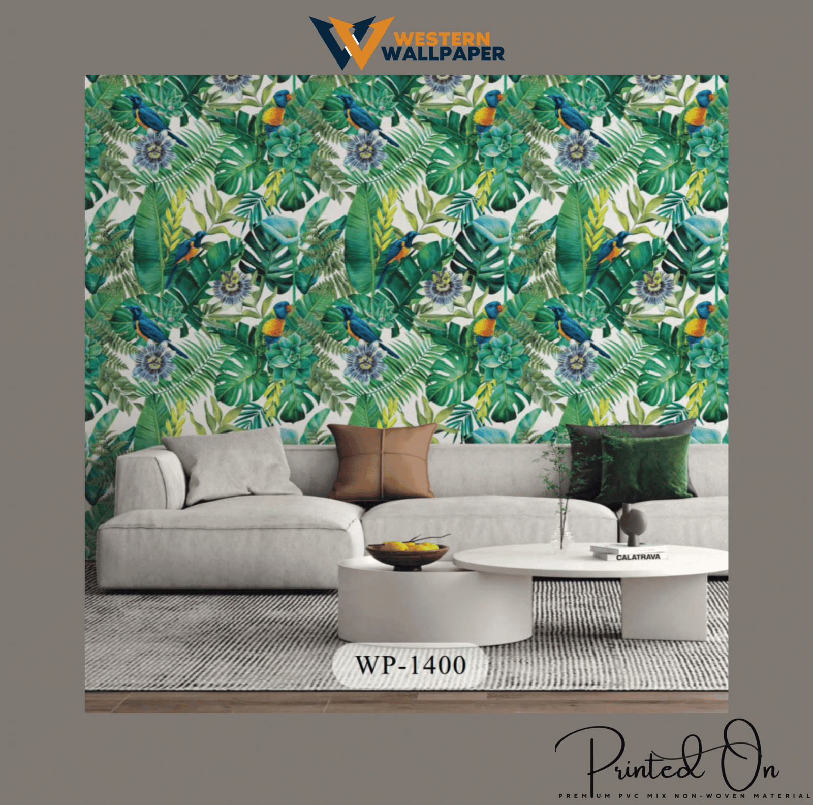 WESTERN TROPICAL PARADISE BOTANICAL WALLPAPER IN LUSH GREEN AND AZURE BLUE