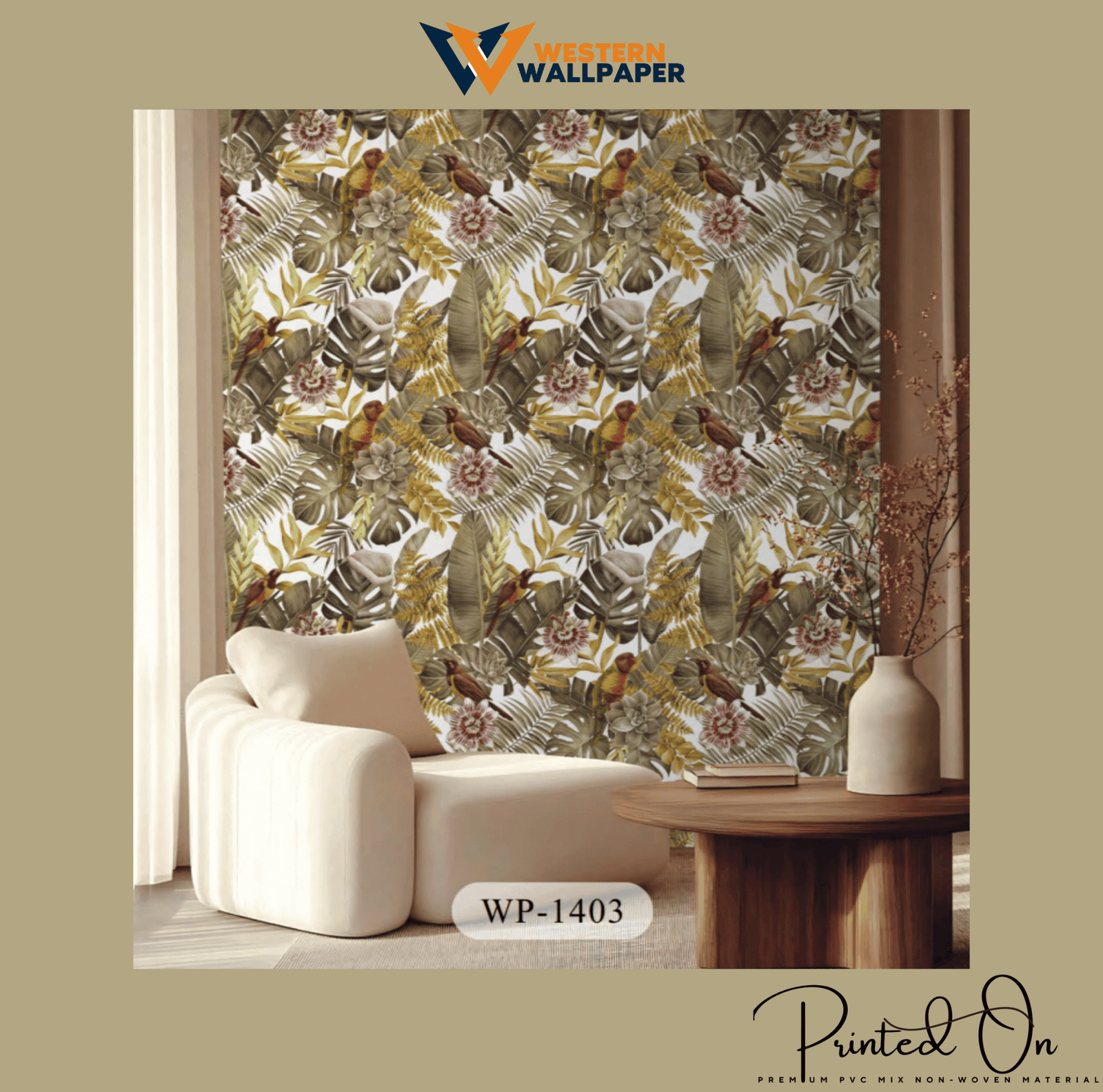 WESTERN TROPICAL PARADISE BOTANICAL WALLPAPER IN GOLDEN OCHRE AND OLIVE GREEN