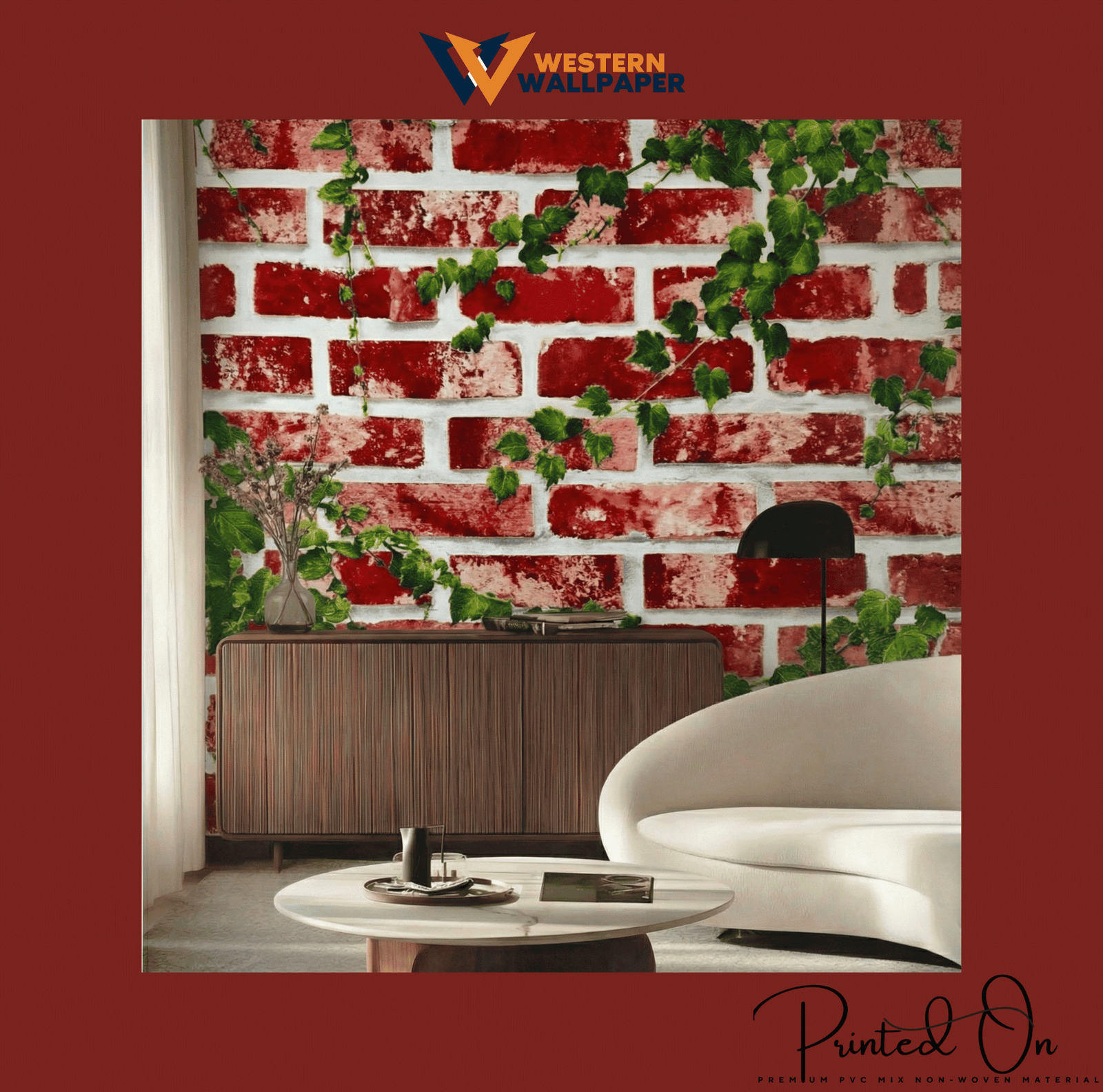 TRADITIONAL CRIMSON BRICK IVY WALLPAPER IN GARDEN GREEN